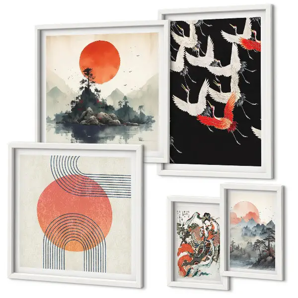 Bilderset für das Sofa japanische Kunst und Naturmotive