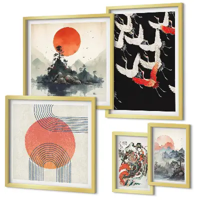 Bilderset für das Sofa japanische Kunst und Naturmotive