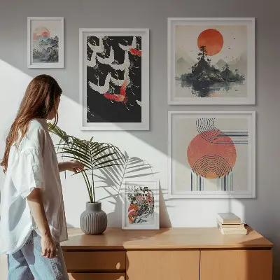 Bilderset für das Sofa japanische Kunst und Naturmotive