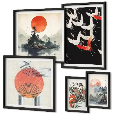 Bilderset für das Sofa japanische Kunst und Naturmotive