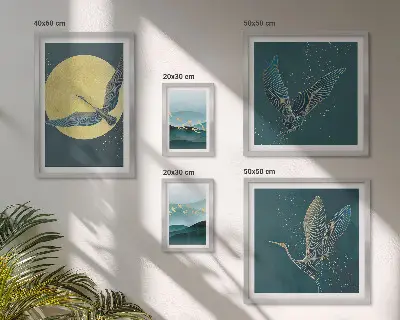 Modernes Wandbilder-Set mit Motiven von Landschaften, Vögeln und dem Nachthimmel