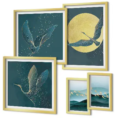 Modernes Wandbilder-Set mit Motiven von Landschaften, Vögeln und dem Nachthimmel