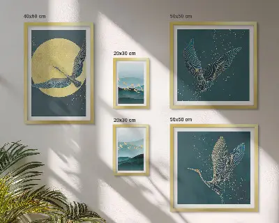 Modernes Wandbilder-Set mit Motiven von Landschaften, Vögeln und dem Nachthimmel