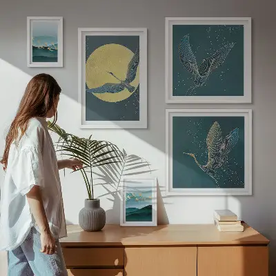 Modernes Wandbilder-Set mit Motiven von Landschaften, Vögeln und dem Nachthimmel