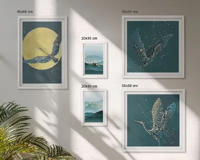 Modernes Wandbilder-Set mit Motiven von Landschaften, Vögeln und dem Nachthimmel