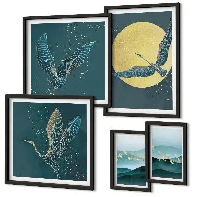 Modernes Wandbilder-Set mit Motiven von Landschaften, Vögeln und dem Nachthimmel
