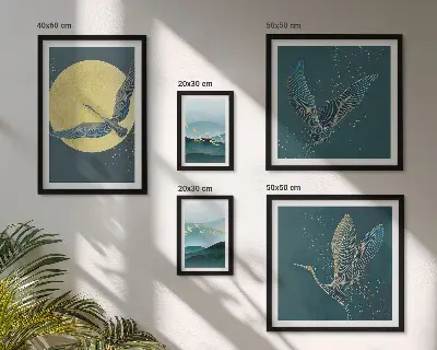 Modernes Wandbilder-Set mit Motiven von Landschaften, Vögeln und dem Nachthimmel