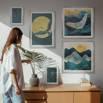 Bildergalerie-Set für die Wand mit Vögeln und Bergen im modernen Stil