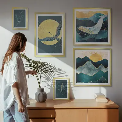 Bildergalerie-Set für die Wand mit Vögeln und Bergen im modernen Stil
