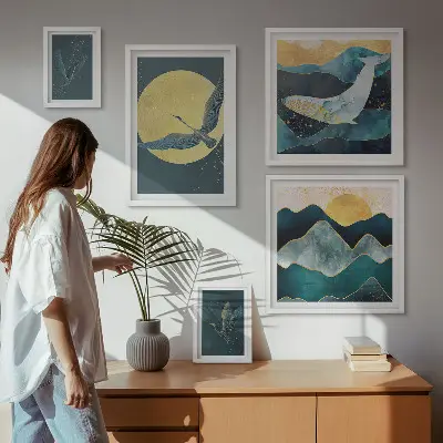 Bildergalerie-Set für die Wand mit Vögeln und Bergen im modernen Stil