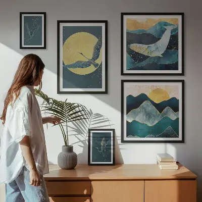 Bildergalerie-Set für die Wand mit Vögeln und Bergen im modernen Stil