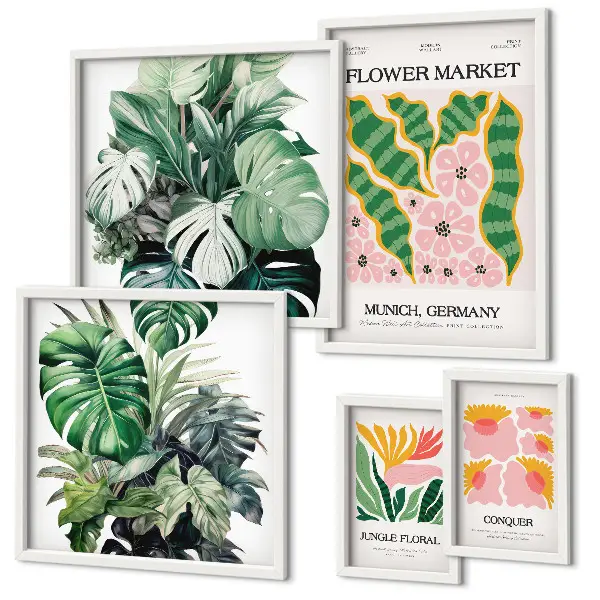 Modernes Wandbilder-Set mit Pflanzenmotiven und Boho-Blumen