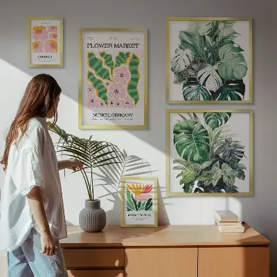 Modernes Wandbilder-Set mit Pflanzenmotiven und Boho-Blumen