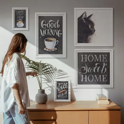Bildergalerie-Set für die Wand Kaffeekatzen mit positiven Slogans