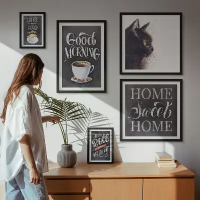 Bildergalerie-Set für die Wand Kaffeekatzen mit positiven Slogans