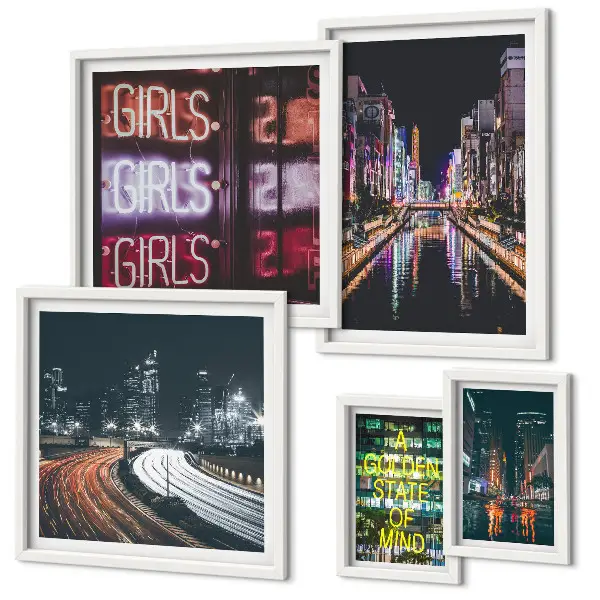 Bildergalerie-Set für die Wand moderne Stadtansicht bei Nacht mit Neonlicht