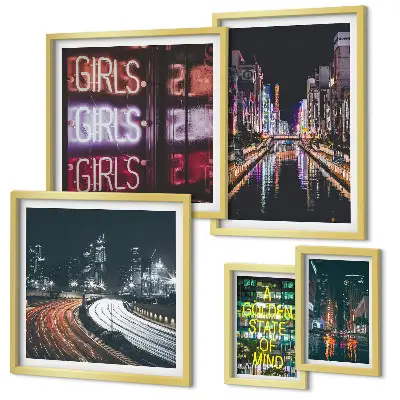 Bildergalerie-Set für die Wand moderne Stadtansicht bei Nacht mit Neonlicht