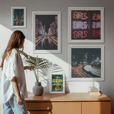 Bildergalerie-Set für die Wand moderne Stadtansicht bei Nacht mit Neonlicht