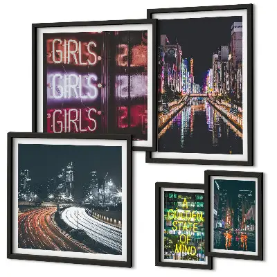 Bildergalerie-Set für die Wand moderne Stadtansicht bei Nacht mit Neonlicht
