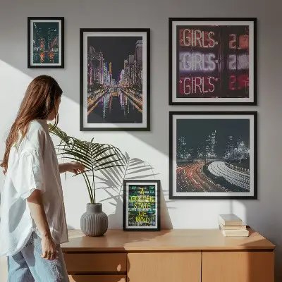 Bildergalerie-Set für die Wand moderne Stadtansicht bei Nacht mit Neonlicht