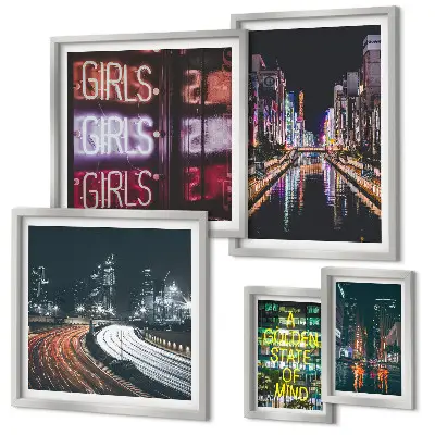 Bildergalerie-Set für die Wand moderne Stadtansicht bei Nacht mit Neonlicht