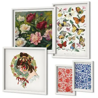 Modernes Wandbilder-Set mit Blumen, Schmetterlingen und Vintage-Dekorationen