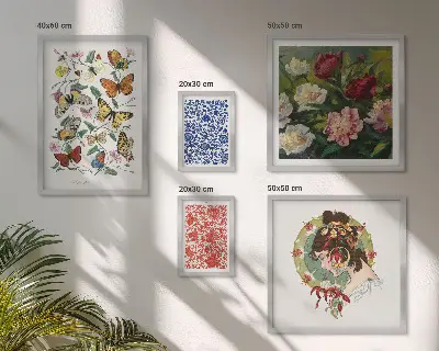 Modernes Wandbilder-Set mit Blumen, Schmetterlingen und Vintage-Dekorationen