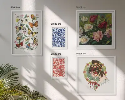 Modernes Wandbilder-Set mit Blumen, Schmetterlingen und Vintage-Dekorationen