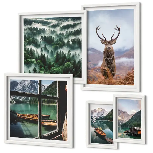 Modernes Wandbilder-Set mit Motiven aus der Natur, von Wildtieren und Bergen