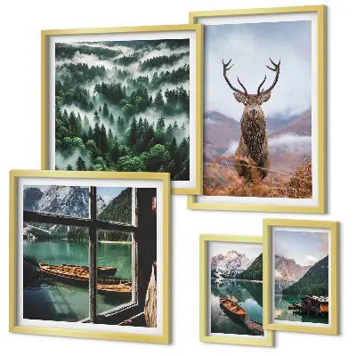 Modernes Wandbilder-Set mit Motiven aus der Natur, von Wildtieren und Bergen