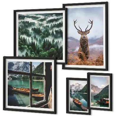 Modernes Wandbilder-Set mit Motiven aus der Natur, von Wildtieren und Bergen
