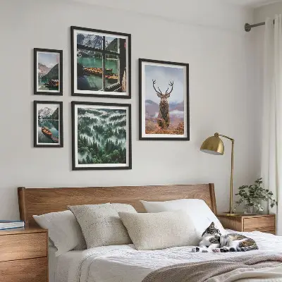 Modernes Wandbilder-Set mit Motiven aus der Natur, von Wildtieren und Bergen