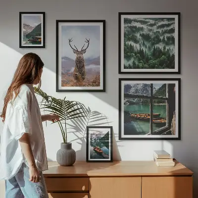Modernes Wandbilder-Set mit Motiven aus der Natur, von Wildtieren und Bergen