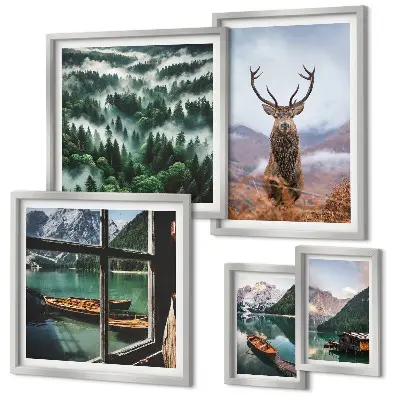 Modernes Wandbilder-Set mit Motiven aus der Natur, von Wildtieren und Bergen