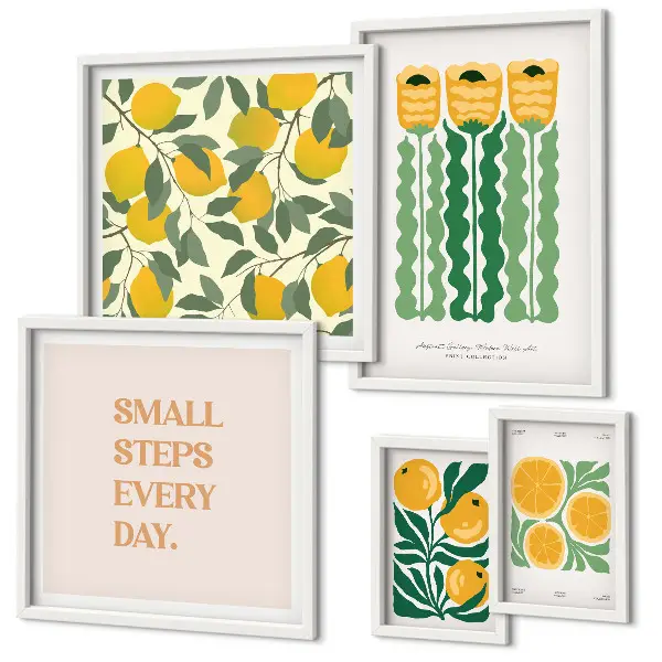 Modernes Wandbilder-Set mit Blumen, Zitrusfrüchten und positiven Sprüchen