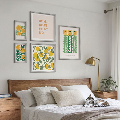 Modernes wandbilder-set Blumen, Zitrusfrüchte, positive Slogans