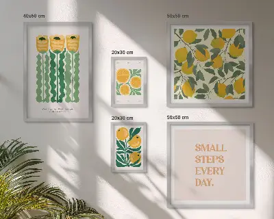 Modernes Wandbilder-Set mit Blumen, Zitrusfrüchten und positiven Sprüchen