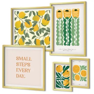 Modernes Wandbilder-Set mit Blumen, Zitrusfrüchten und positiven Sprüchen