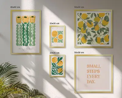 Modernes Wandbilder-Set mit Blumen, Zitrusfrüchten und positiven Sprüchen