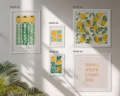 Modernes Wandbilder-Set mit Blumen, Zitrusfrüchten und positiven Sprüchen