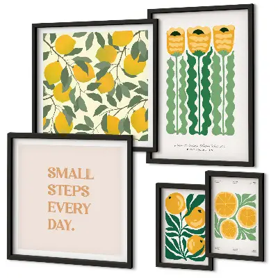 Modernes Wandbilder-Set mit Blumen, Zitrusfrüchten und positiven Sprüchen