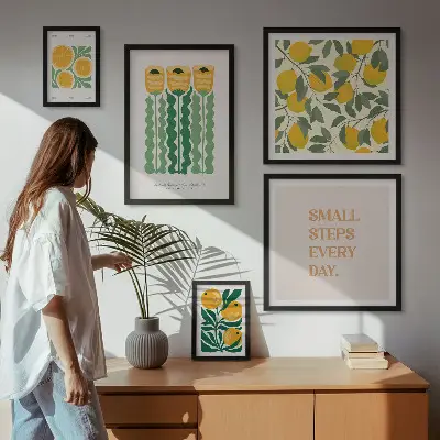 Modernes Wandbilder-Set mit Blumen, Zitrusfrüchten und positiven Sprüchen