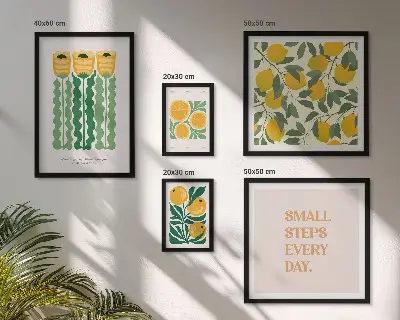 Modernes Wandbilder-Set mit Blumen, Zitrusfrüchten und positiven Sprüchen