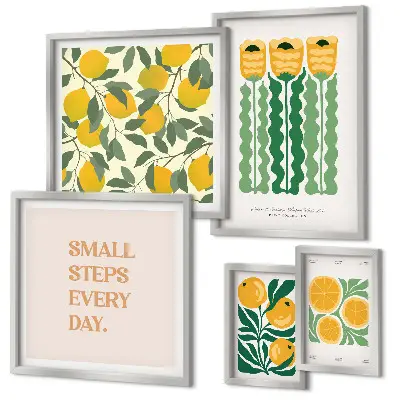 Modernes Wandbilder-Set mit Blumen, Zitrusfrüchten und positiven Sprüchen