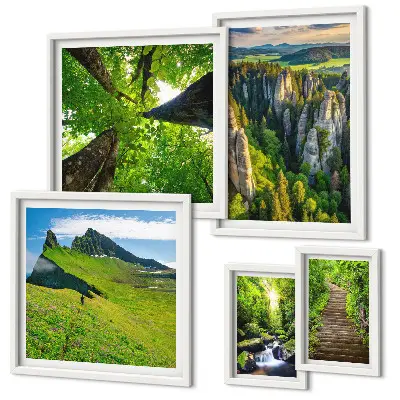 Bildergalerien-Set für die Wand mit Motiven grüner Naturlandschaften und Waldwegen
