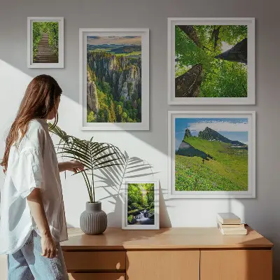 Bildergalerien-Set für die Wand mit Motiven grüner Naturlandschaften und Waldwegen