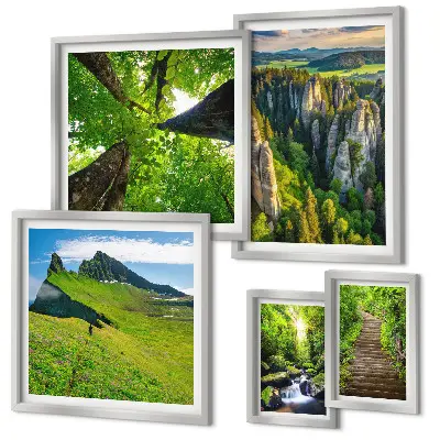 Bildergalerien-Set für die Wand mit Motiven grüner Naturlandschaften und Waldwegen