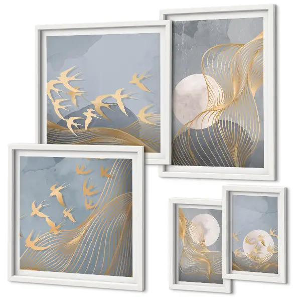 Modernes Wandbilder-Set mit abstrakten Wellen und Vögeln