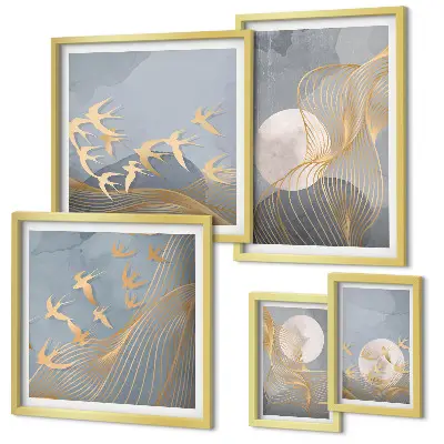 Modernes Wandbilder-Set mit abstrakten Wellen und Vögeln