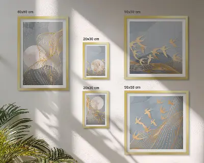 Modernes Wandbilder-Set mit abstrakten Wellen und Vögeln